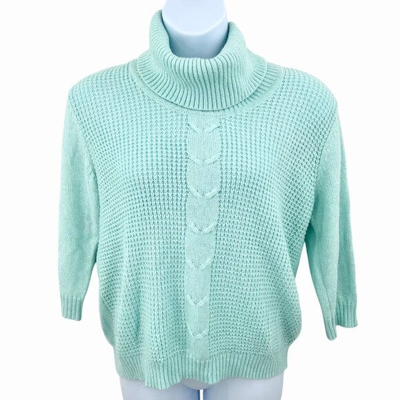 MINT GREEN SILVER METALLIC THREAD COZY TURTLENECK 3/4 SLEEVE SWEATER - XL - Picture 1 of 4
